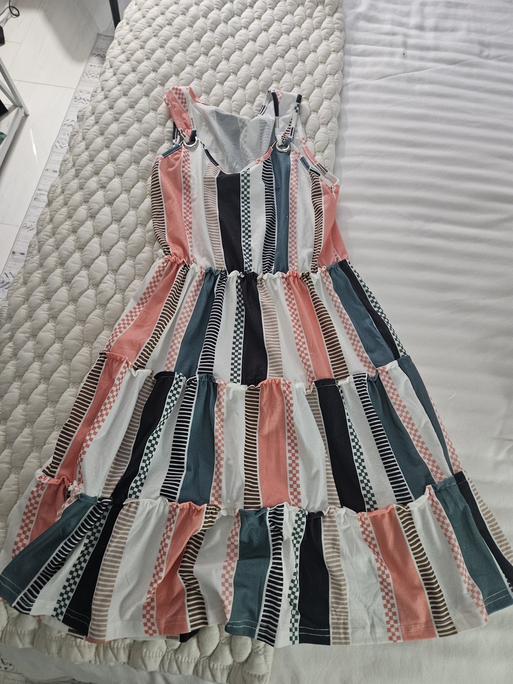 Striped Tiered Sundress - Coral, Teal & Black